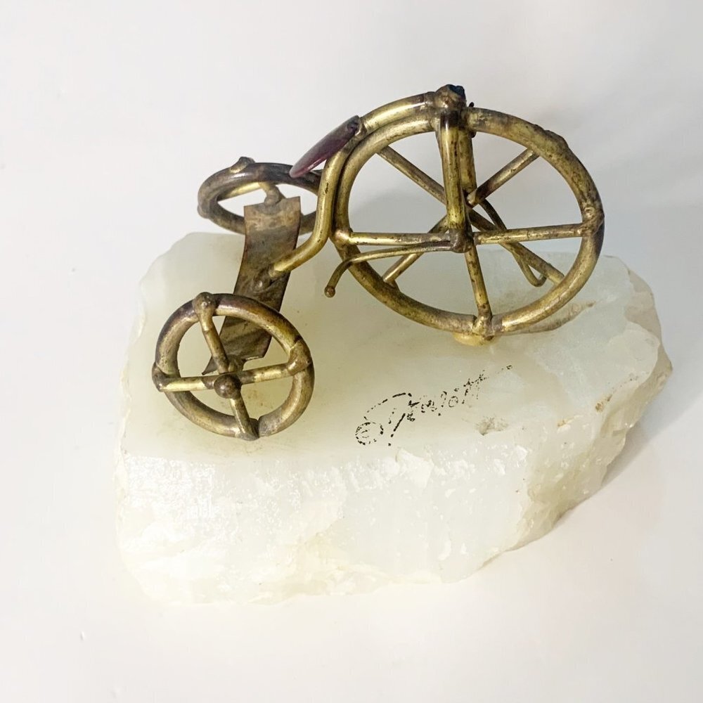 Vintage Brass Stone John Demott Bicycle Tricycle Bike Paperweight Art Sculpture